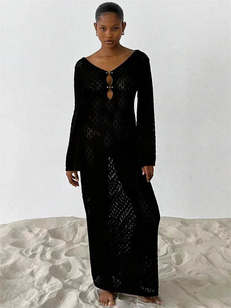 BWQ White Knit Maxi Dress - See-Through V-Neck Beach Cover Up - Buy Center UK