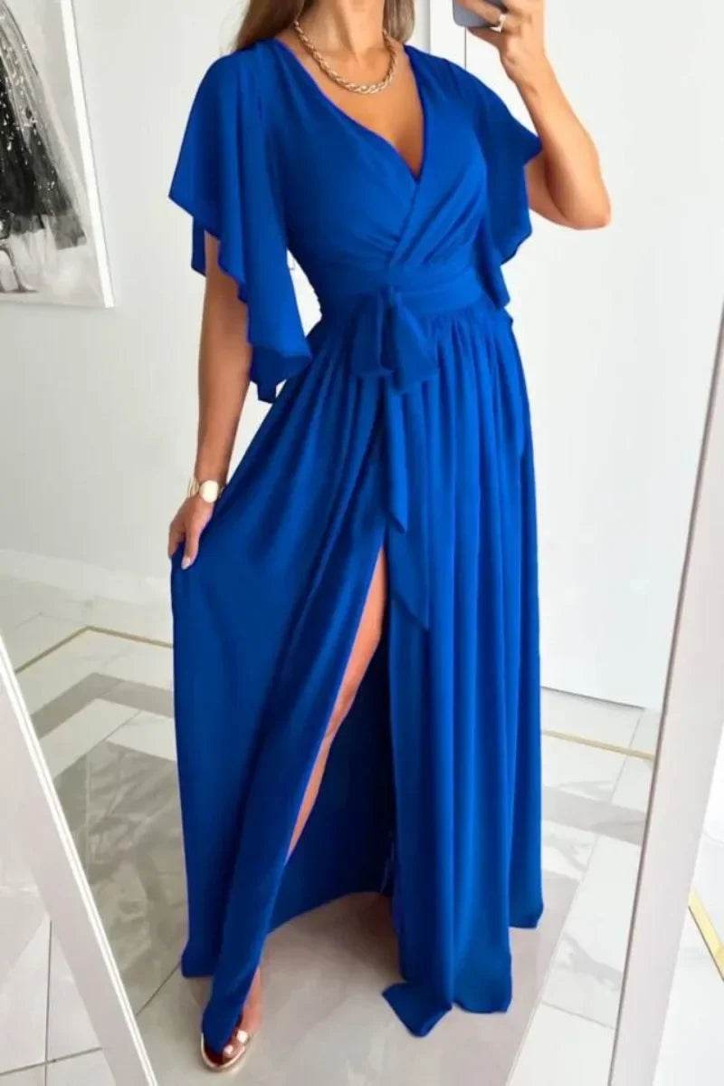 Buy Center Women's Flare Sleeve V-Neck Dress - Casual Floor Slit Style - Buy Center UK