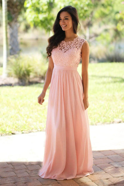 Elegant Pink Bridesmaid Dress - A-Line Lace Maxi Gown - Buy Center UK