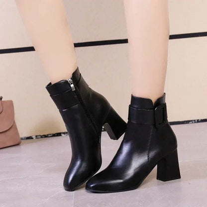 Elegant Women's High Heel Ankle Boots - Square Toe & Buckle Detail - Buy Center UK