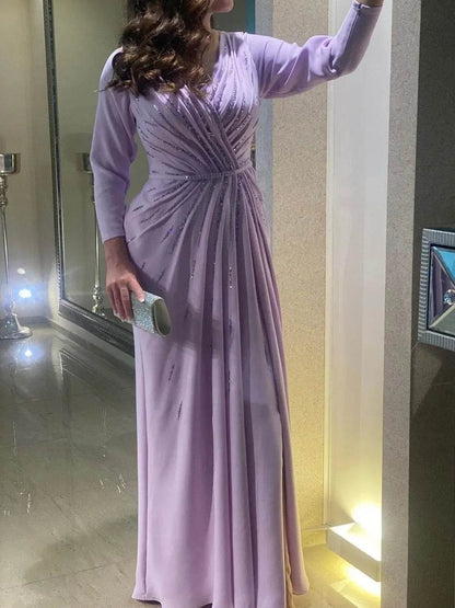 Oisslec Elegant Evening Gown - V-Neck Beaded Long Sleeve Dress - Buy Center UK
