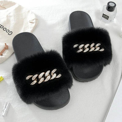 Buy Center Women's Furry Slippers - Plush Faux Rabbit Fur Slides - Buy Center UK