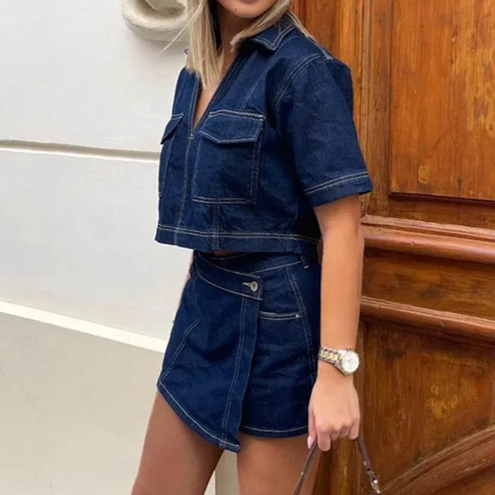Women's 2 Piece Denim Outfit - Cropped Top & High Waist Shorts - Buy Center UK
