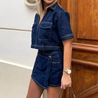 Women's 2 Piece Denim Outfit - Cropped Top & High Waist Shorts - Buy Center UK