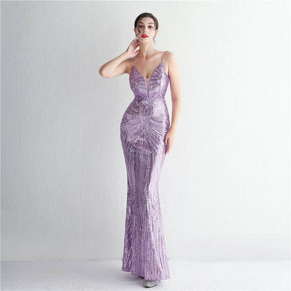 HBLL Sexy V Neck Maxi Dress - Purple Sequin Evening Gown for Parties - Buy Center UK