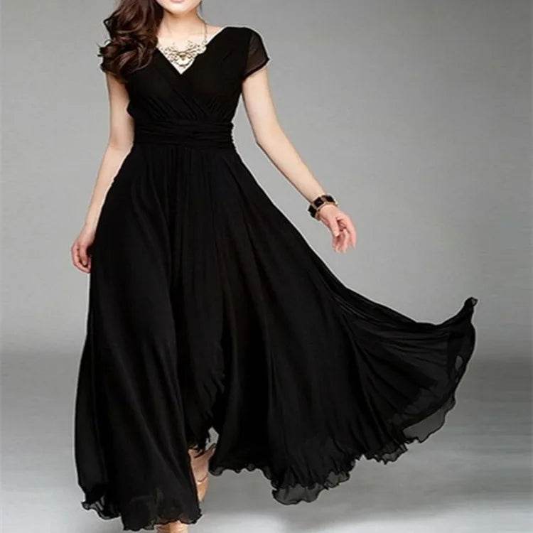 Elegant Women's Short-Sleeved Chiffon Dress - Floor-Length Bohemian Style - Buy Center UK