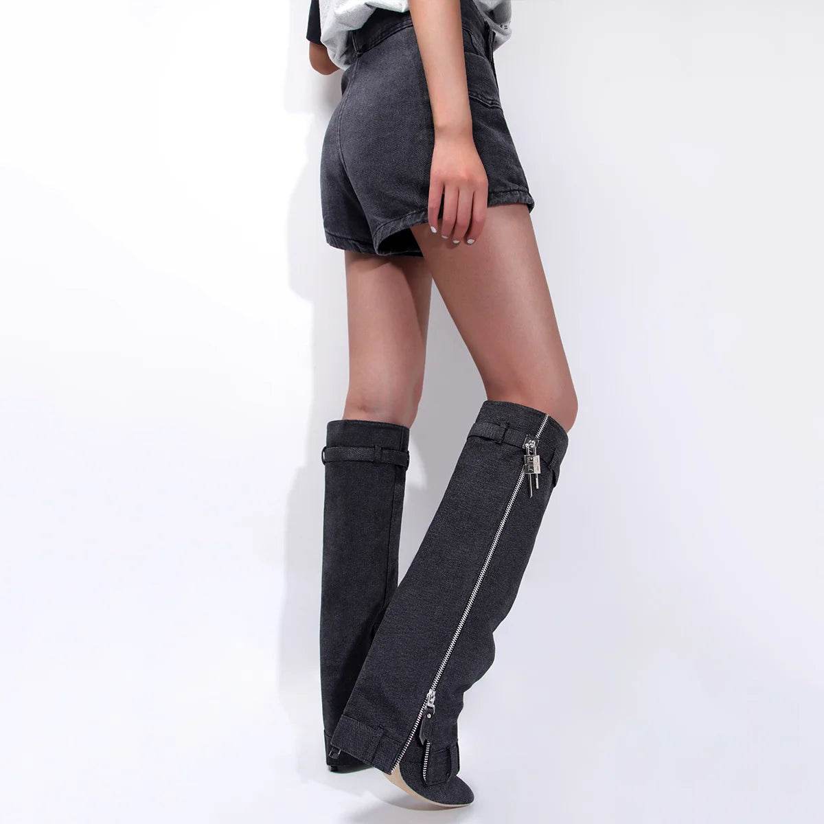 Buy Center Blue Denim Knee High Cowboy Boots - Pointed Toe & High Heel - Buy Center UK