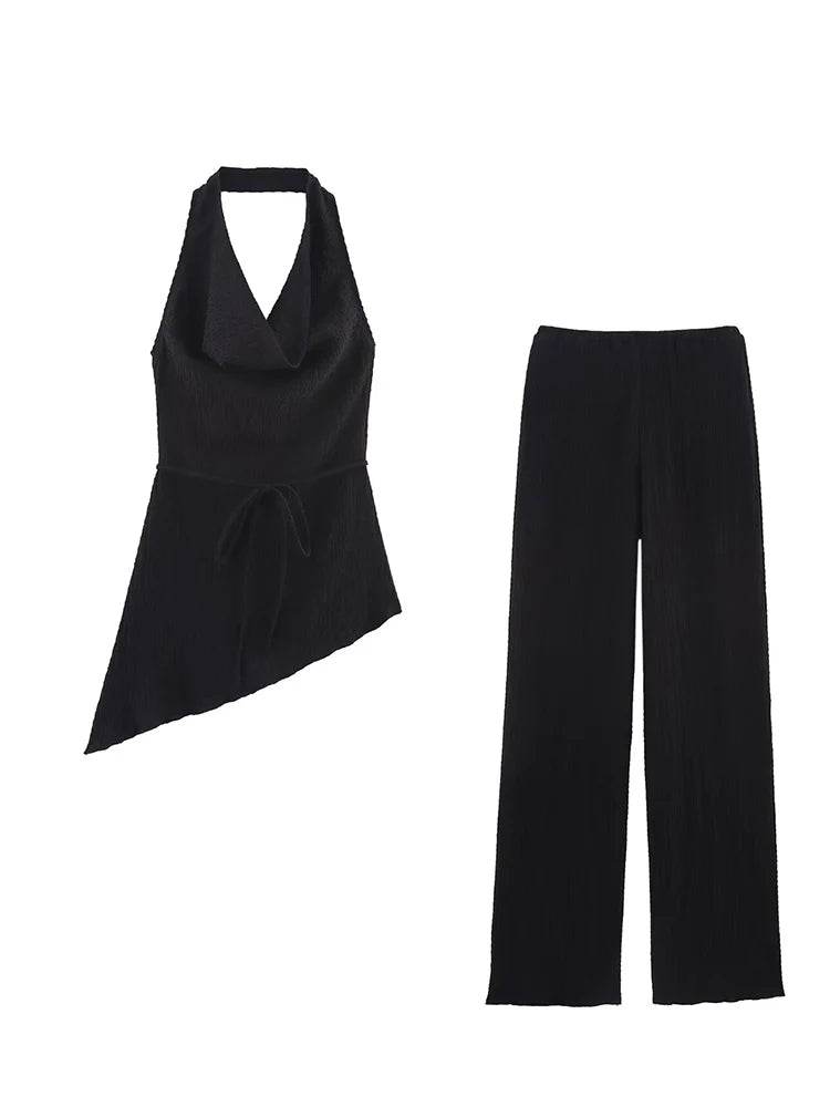 TFMLN Women Pant Sets - Asymmetrical Hem Lace-Up Top & Straight Pants - Buy Center UK