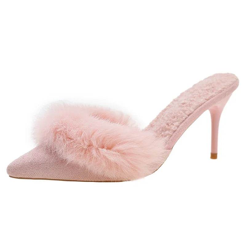 Buy Center Faux Fur Mules Slippers - Pointed Toe, Thin Heels - Buy Center UK