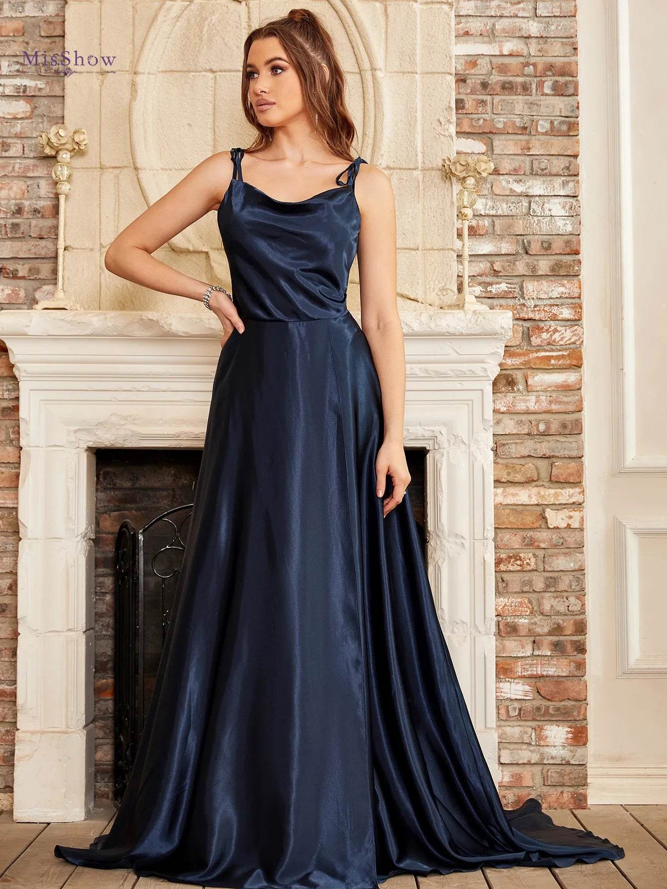 BABYONLINE Navy Blue Bridesmaid Dress - Spaghetti Straps & Slit Gown - Buy Center UK