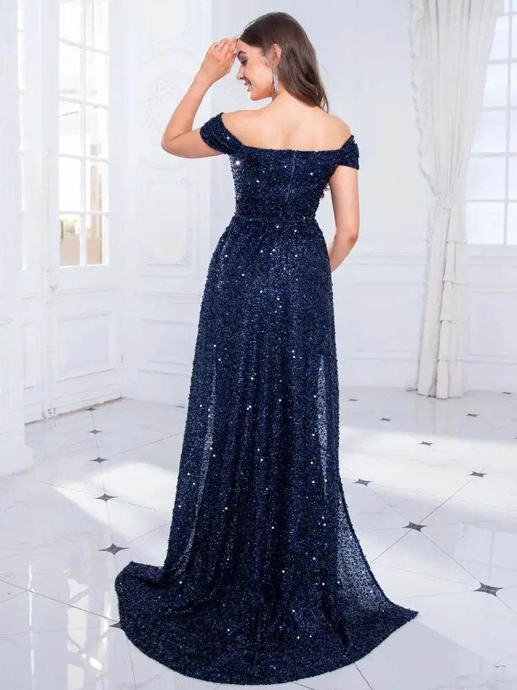 Romagic Navy Blue Mermaid Gown - Off Shoulder Sequin Dress 2025 - Buy Center UK