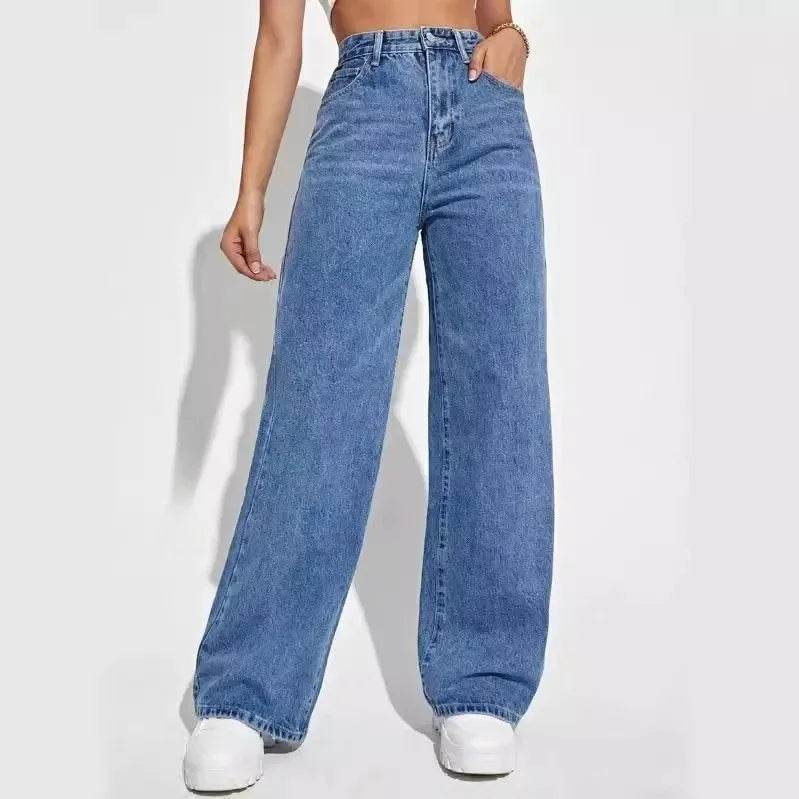 Trendy Mid Waist Straight Leg Jeans - Comfortable Blue Denim Pants - Buy Center UK
