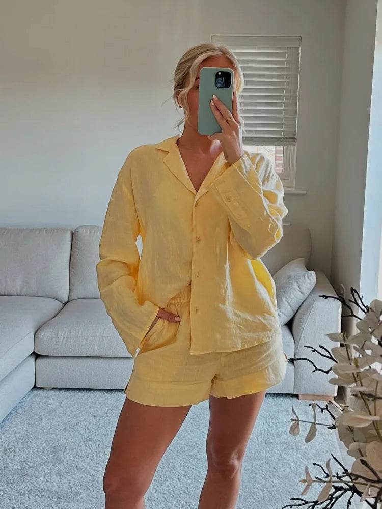 TRAFZA 2025 Summer Set - Casual Cotton Linen Long Sleeve Shirt & Shorts - Buy Center UK
