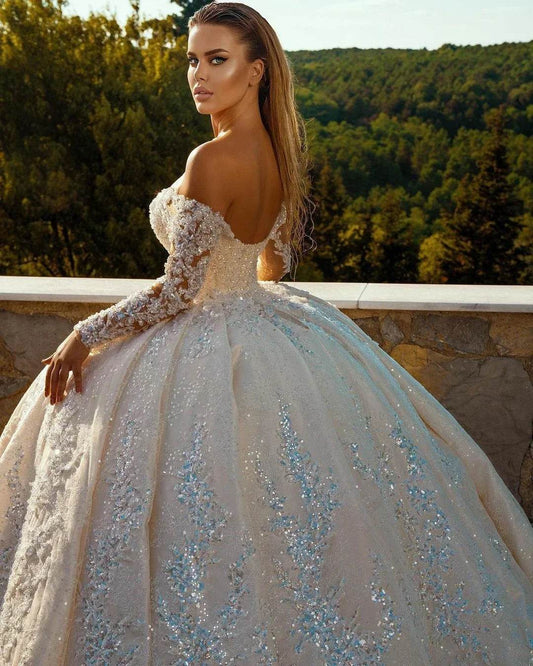 Customized V-Neck Lace Wedding Dress - Off-Shoulder Ball Gown - Buy Center UK
