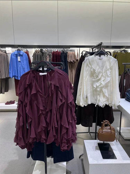 Ruffles Elegant Long Sleeve Blouse for Women - Lightweight Spring Style - Buy Center UK