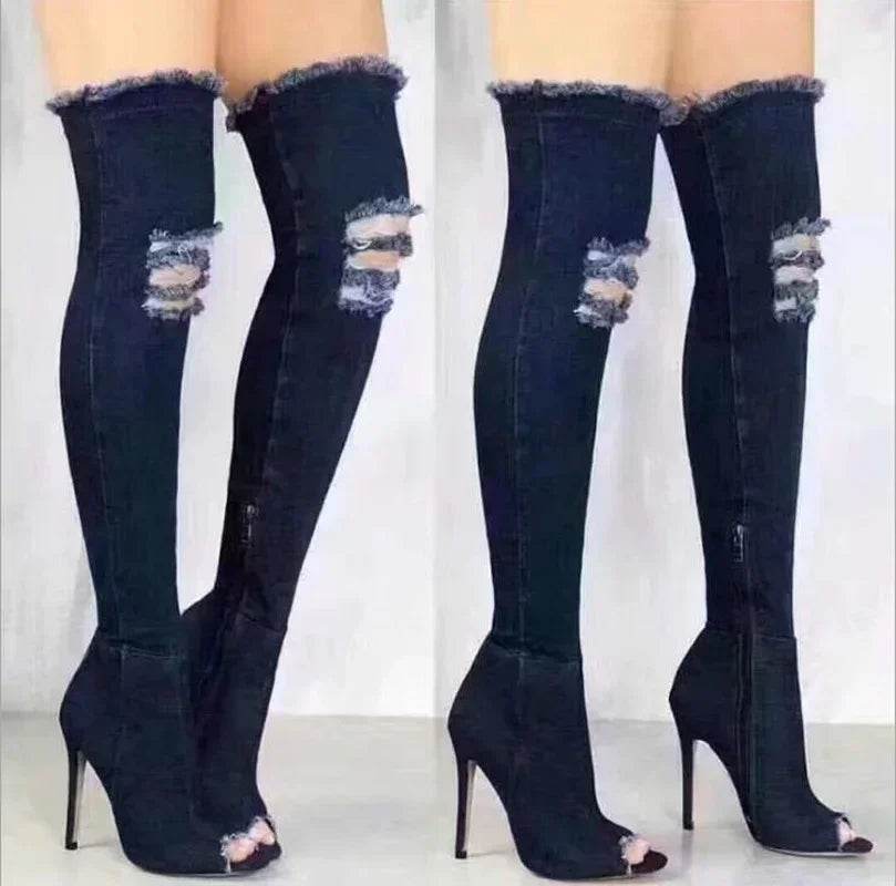 Buy Center Thigh High Peep Toe Boots - Stylish Blue Denim Design - Buy Center UK
