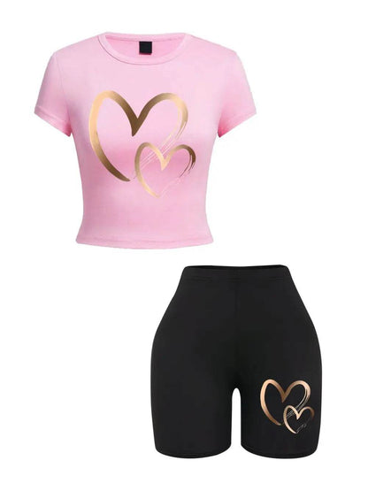 Buy Center Summer Women’s Slim-fit T-Shirt & Shorts Set - Hearts Pattern - Buy Center UK