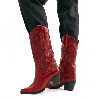 Buy Center Women's Embroidered Knee High Cowboy Boots - Chunky Heel - Buy Center UK