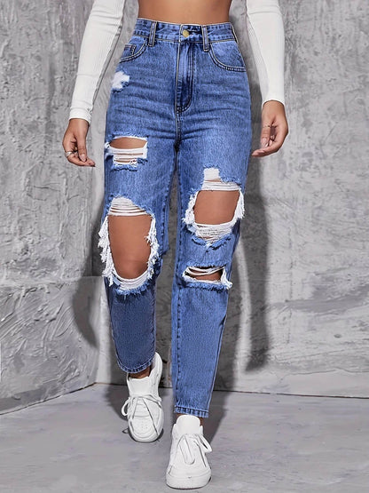 Buy Center High Waist Hole-Punched Jeans - Women’s Wide-Legged Style - Buy Center UK