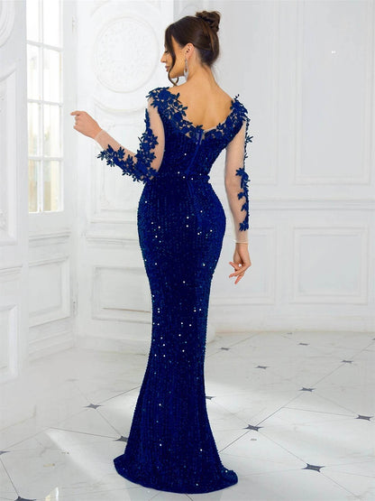 Elegant Lace Sequined Velvet Evening Dress - Backless Full Sleeves - Buy Center UK