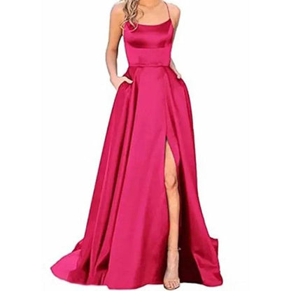Buy Center Long Backless Satin Dress - Sexy Side Slit Evening Gown - Buy Center UK