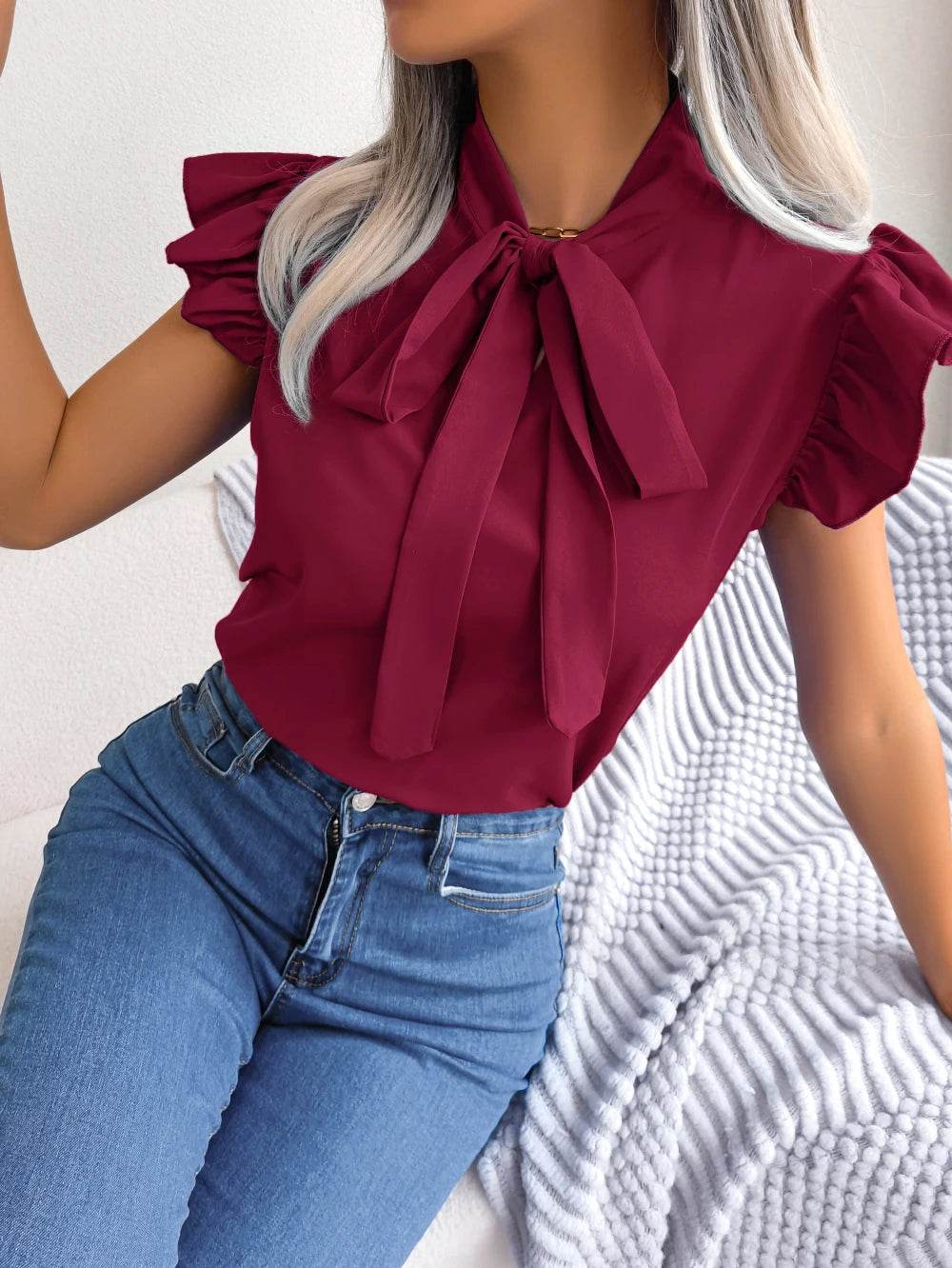 Buy Center Women’s Summer Chiffon Blouse - Bow Ruffle Short Sleeve - Buy Center UK