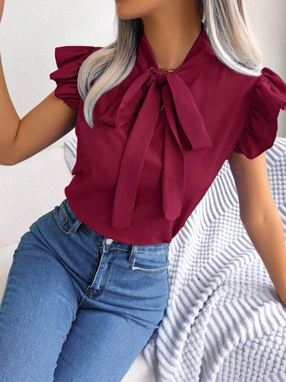 Buy Center Women’s Summer Chiffon Blouse - Bow Ruffle Short Sleeve - Buy Center UK