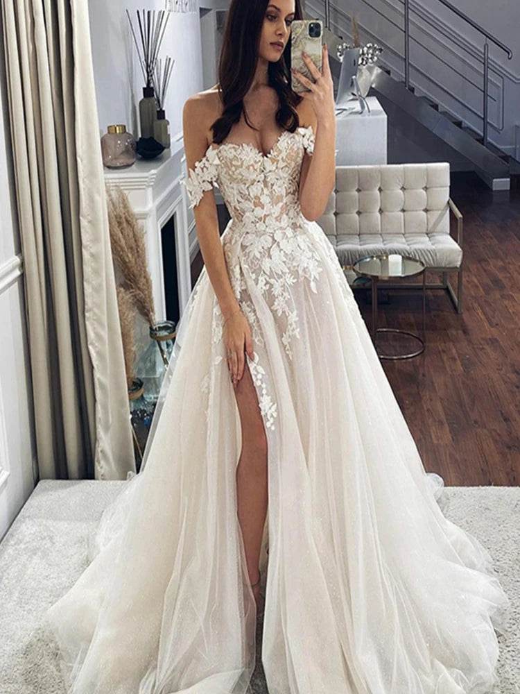 Buy Center Off-Shoulder Lace Wedding Dress - Vintage Appliques & Side Split - Buy Center UK