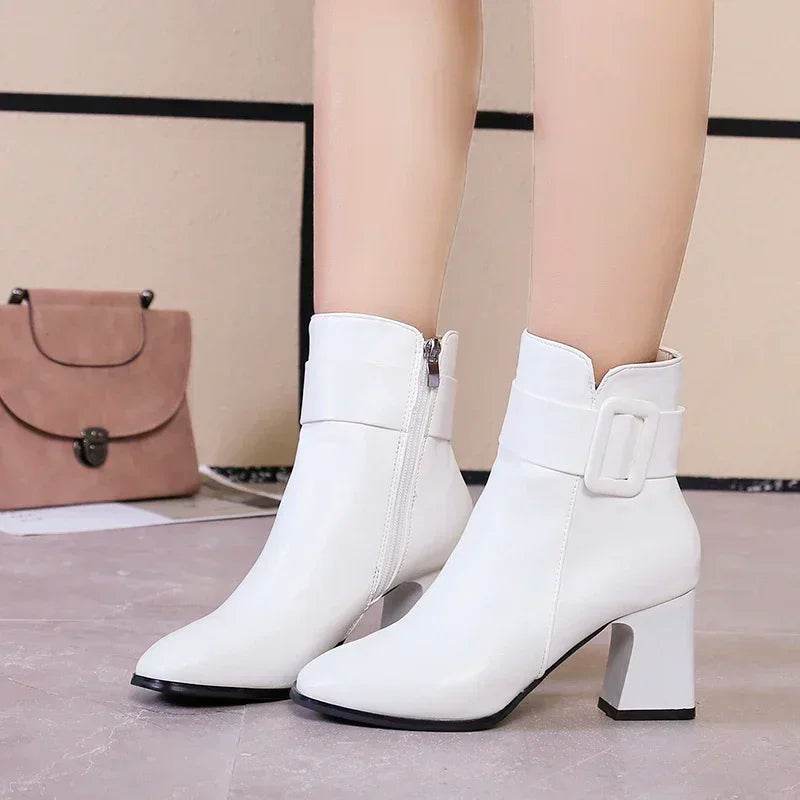 Elegant Women's High Heel Ankle Boots - Square Toe & Buckle Detail - Buy Center UK