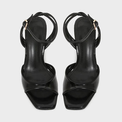 Elegant Black Patent Leather Heeled Sandals - Ankle Strap Design - Buy Center UK