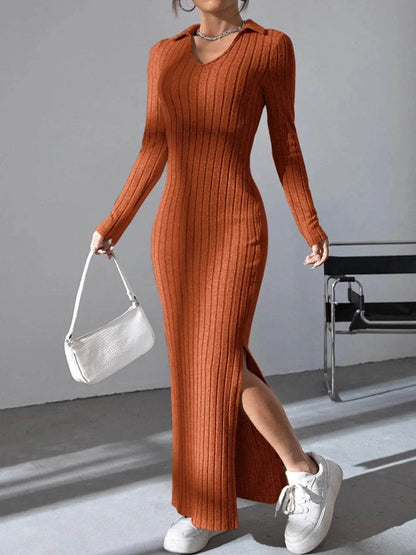 Spring 2024 Knitted Slim Lapel Dress - Long Sleeve, Elegant Fit - Buy Center UK