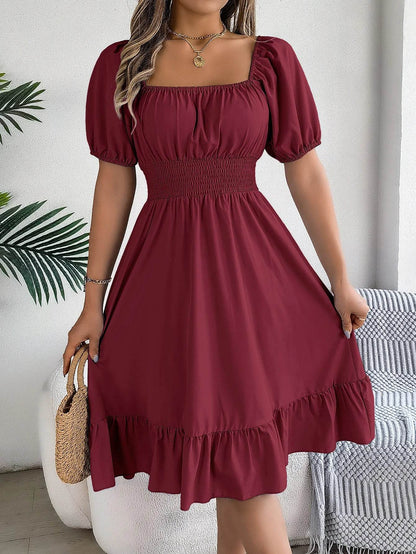 Women's Midi Dress 2024 - Elegant Square Neck and Ruffle Edge - Buy Center UK