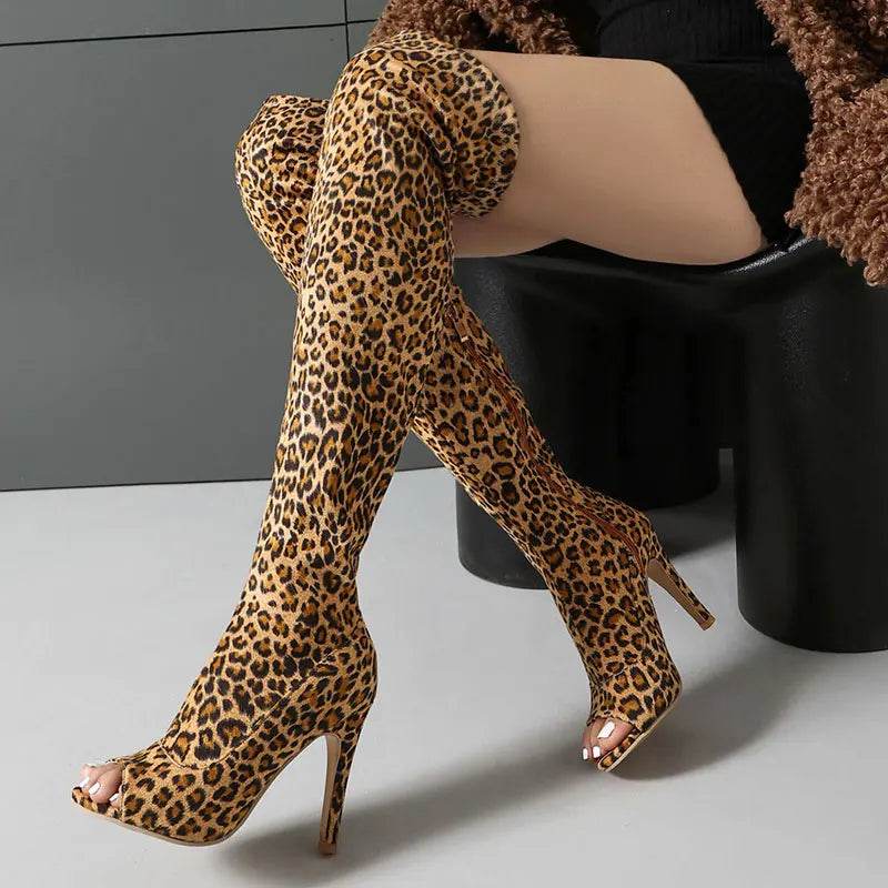 Sexy Peep Toe Over The Knee High Boots - Women's Black & White Heels - Buy Center UK