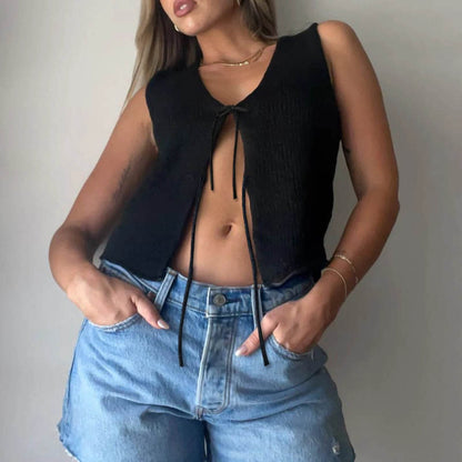 Women's Vintage Y2K Sweater Vest - Fitted Bow Knot Summer Top - Buy Center UK