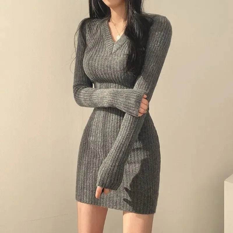 Buy Center Women Knit Bodycon Dress - V-Neck Long Sleeve, Midi Style - Buy Center UK