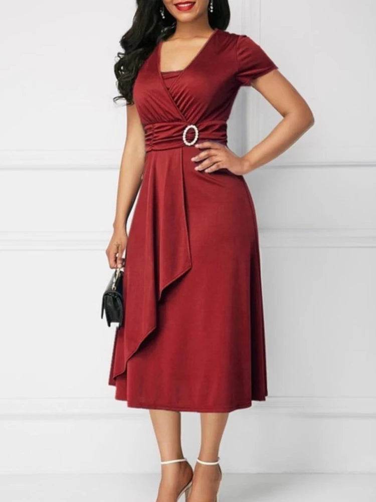 Elegant Summer Midi Dress - Women’s V Neck Asymmetric Hem Style - Buy Center UK