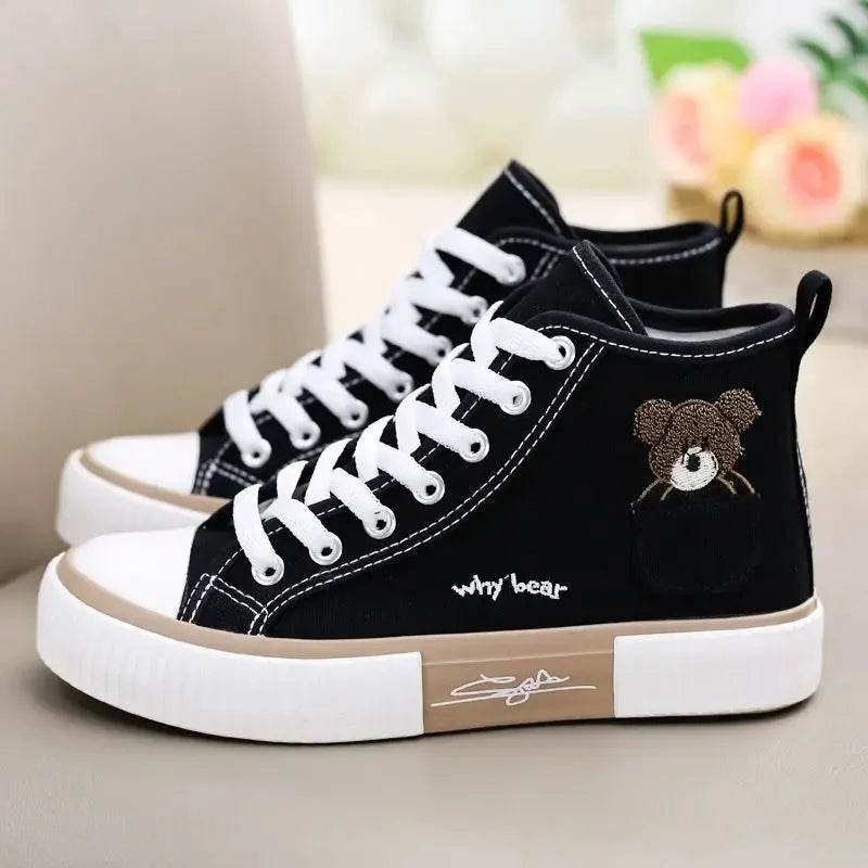 Canvas Women's Cute Bear Shoes - High Top, Pocket Design, Stylish - Buy Center UK