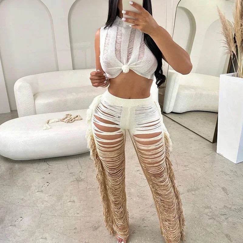 Gradient Color Crochet Two Piece Set - Summer Crop Top & Wide Leg Pants - Buy Center UK
