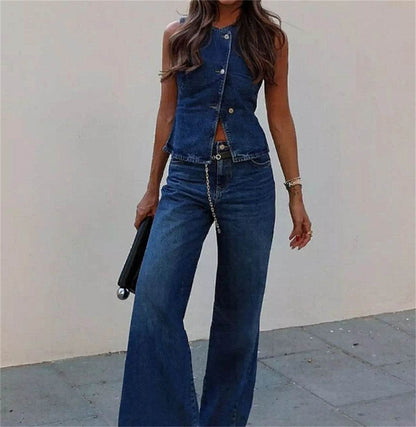 Buy Center Women Jeans 2 Piece Set - Chic Vest & Wide Leg Pants - Buy Center UK
