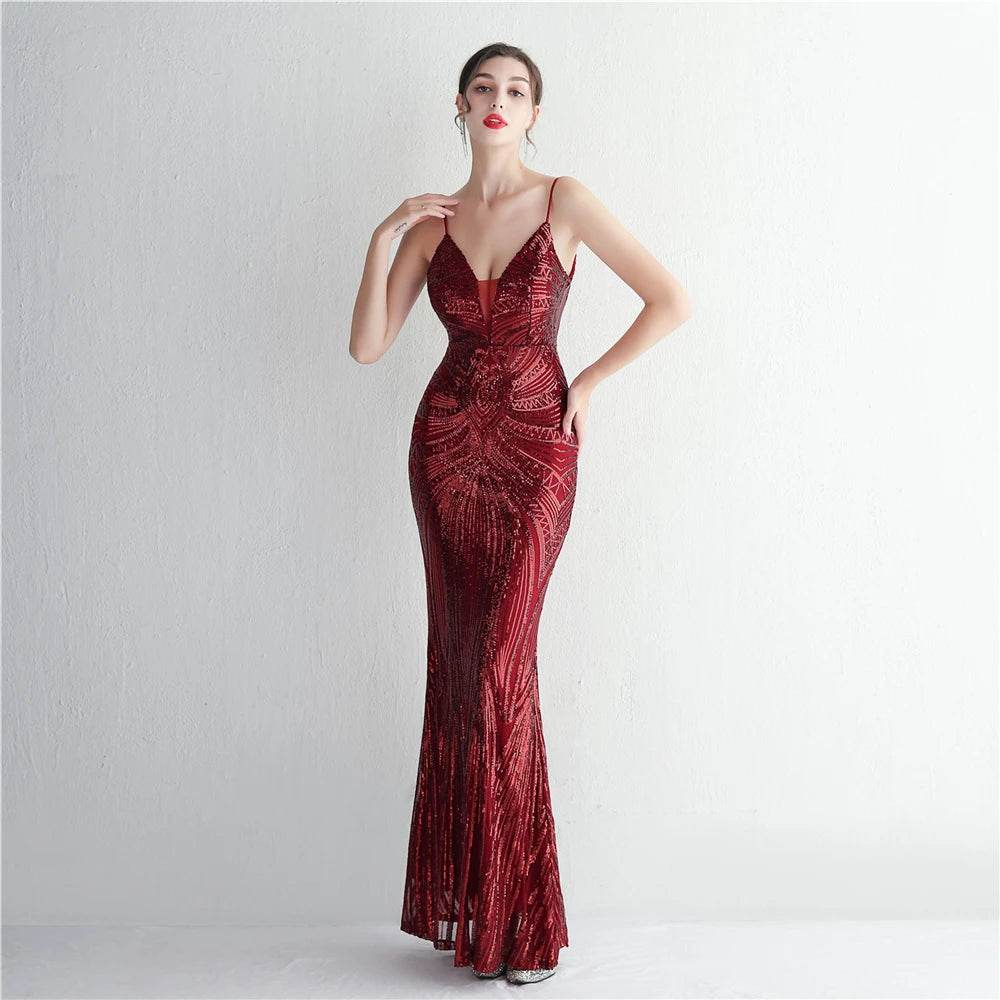 HBLL Sexy V Neck Maxi Dress - Purple Sequin Evening Gown for Parties - Buy Center UK