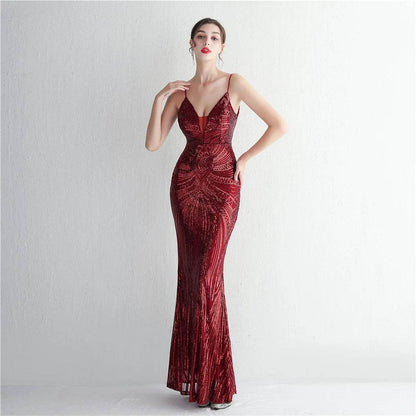 HBLL Sexy V Neck Maxi Dress - Purple Sequin Evening Gown for Parties - Buy Center UK
