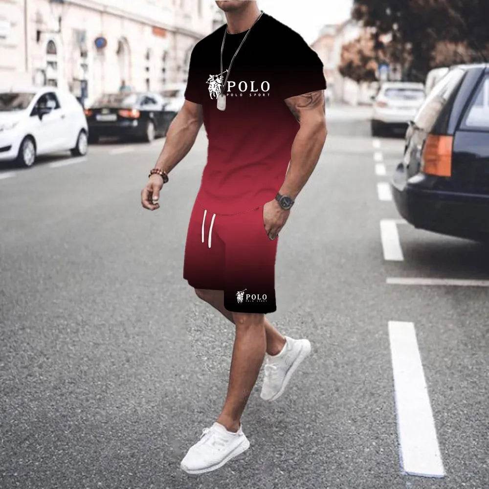 Trendy 3D Gradient Letter Print T-Shirt and Shorts Set for Men - Buy Center UK