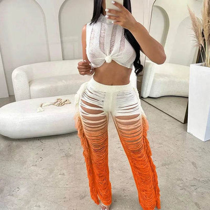 Gradient Color Crochet Two Piece Set - Summer Crop Top & Wide Leg Pants - Buy Center UK