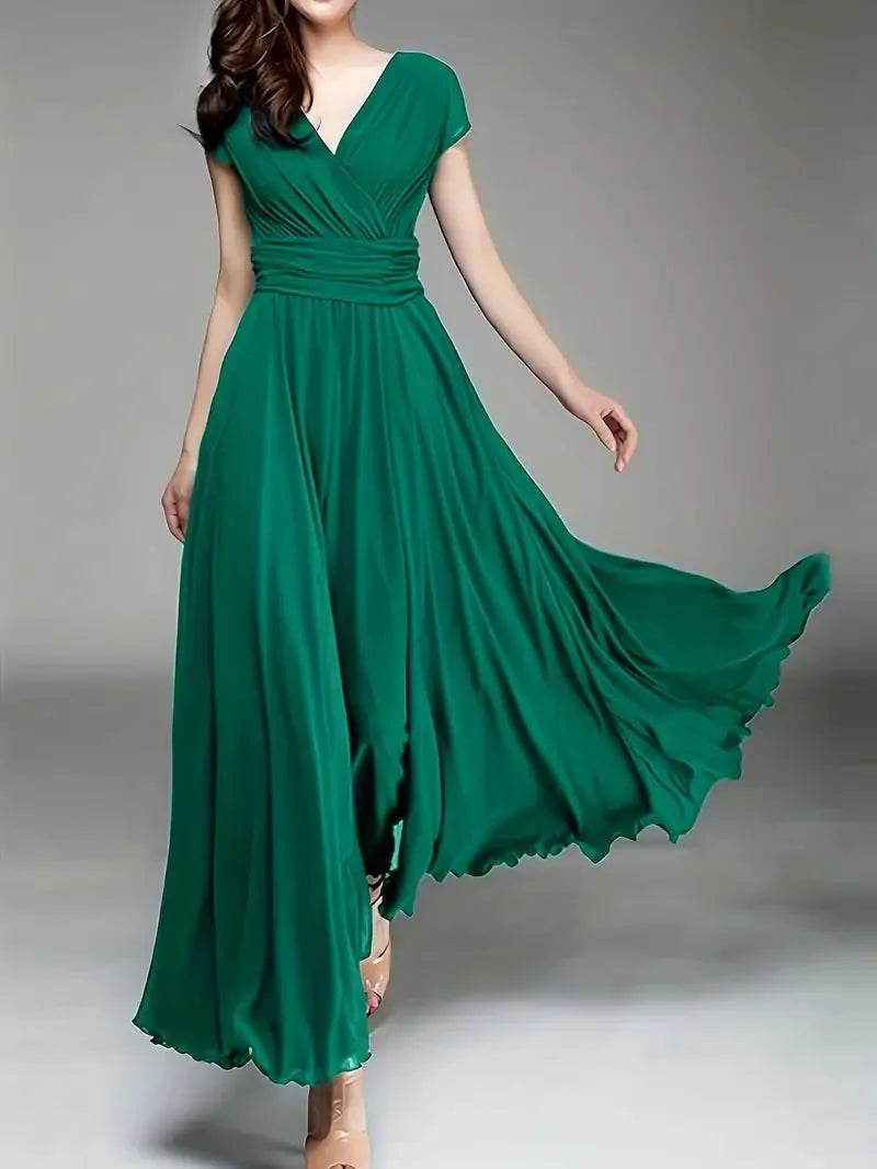 Elegant Women's Short-Sleeved Chiffon Dress - Floor-Length Bohemian Style - Buy Center UK