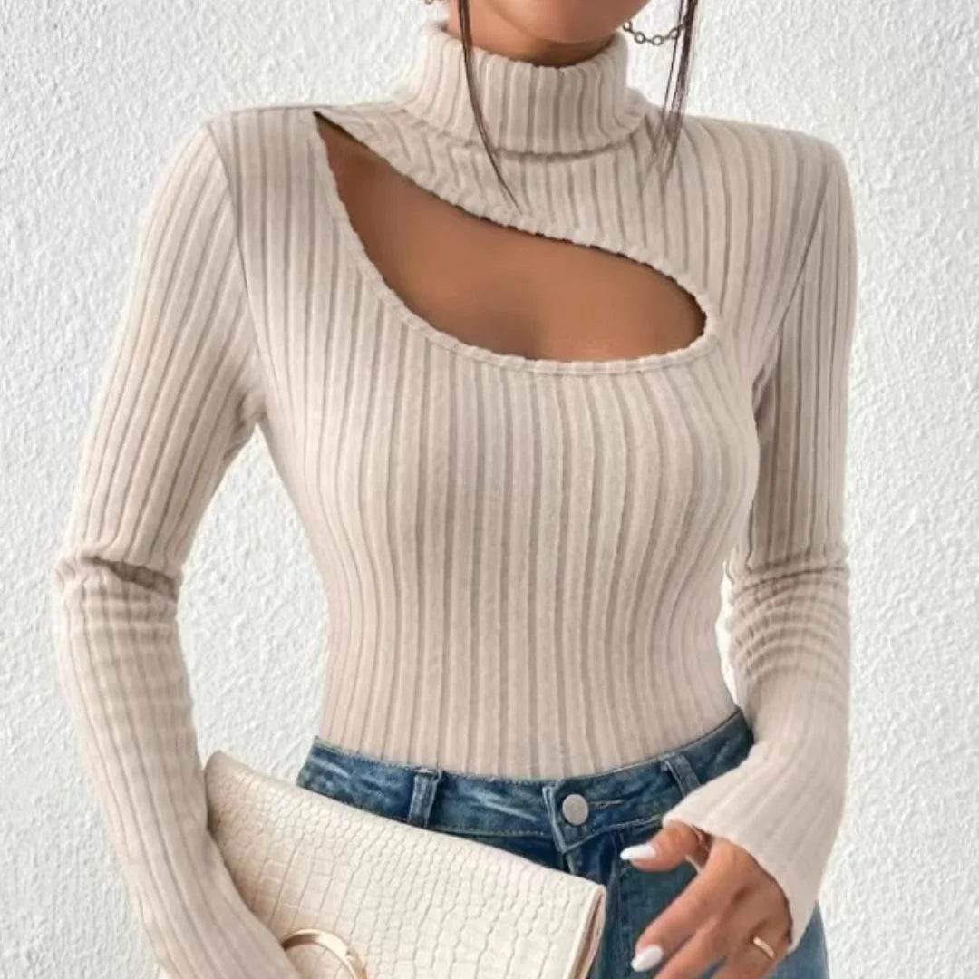 Buy Center Slim Fit Long Sleeve T-shirt - Sexy Hollow Turtleneck Top - Buy Center UK