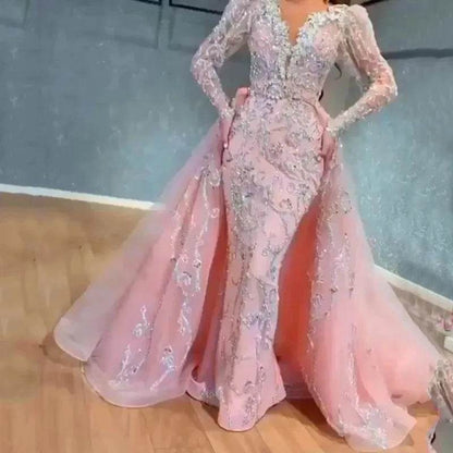 Buy Center Pink Sequin Evening Gown - V-Neck, Floor-Length Elegance - Buy Center UK