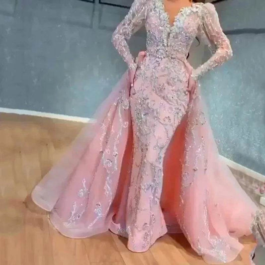 Buy Center Pink Sequin Evening Gown - V-Neck, Floor-Length Elegance - Buy Center UK