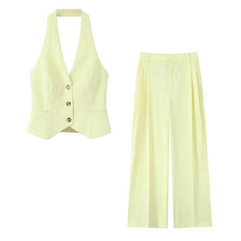 Willshela Women 2 Piece Set - Yellow Tank Top & Vintage Trousers - Buy Center UK