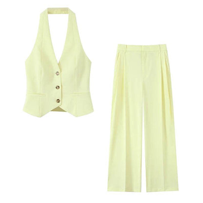 Willshela Women 2 Piece Set - Yellow Tank Top & Vintage Trousers - Buy Center UK