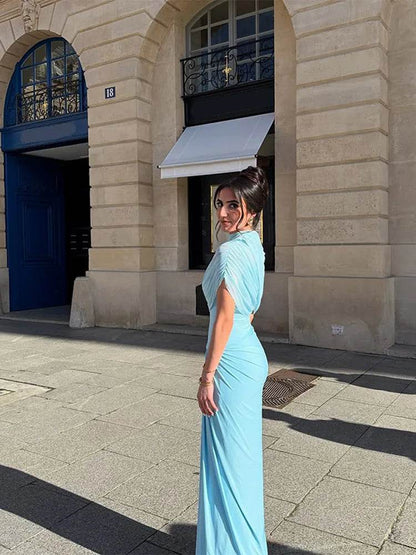 Buy Center Irregular Blue Pleated Long Dress - Elegant A-line Style - Buy Center UK